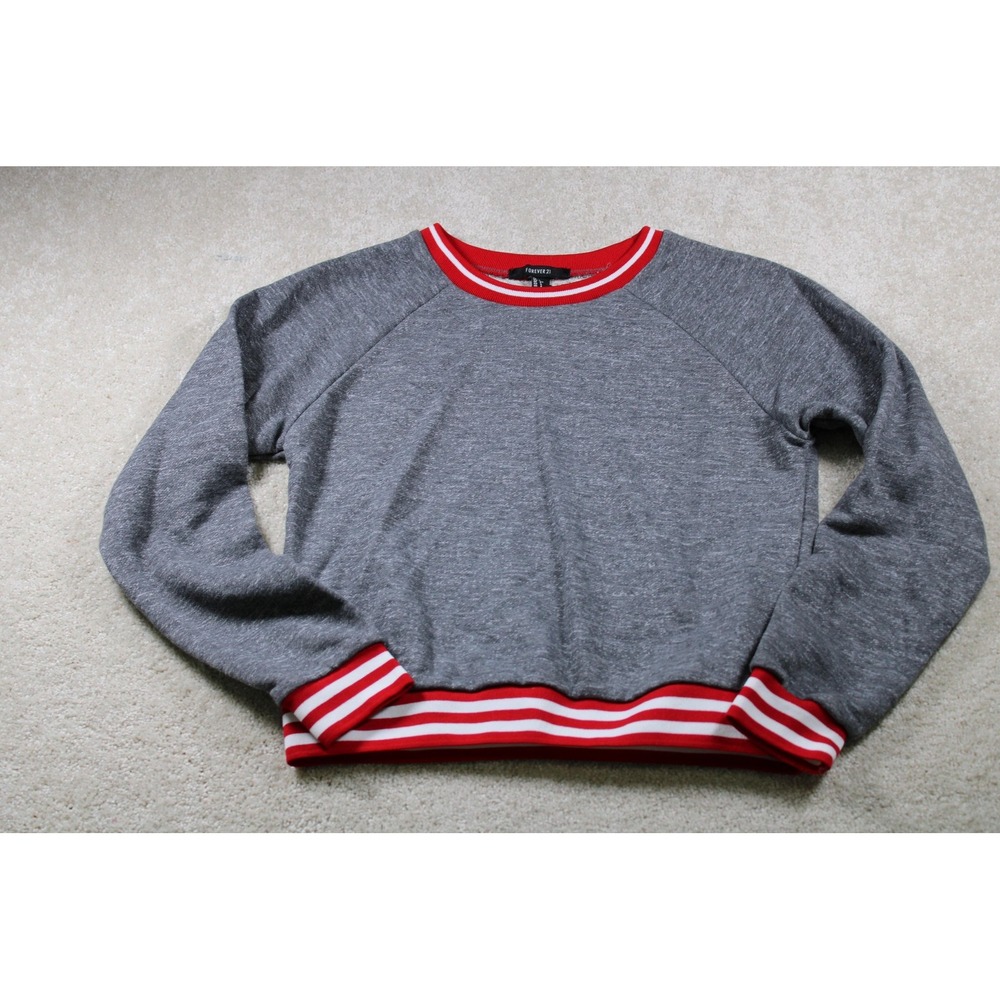 Forever 21 Sweater Womens Small Gray Red Crewneck Pullover Striped Trim Casual
